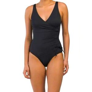 NWT Nip Tuck Black One Piece Swimsuit with V-Neck and Ruching size 6